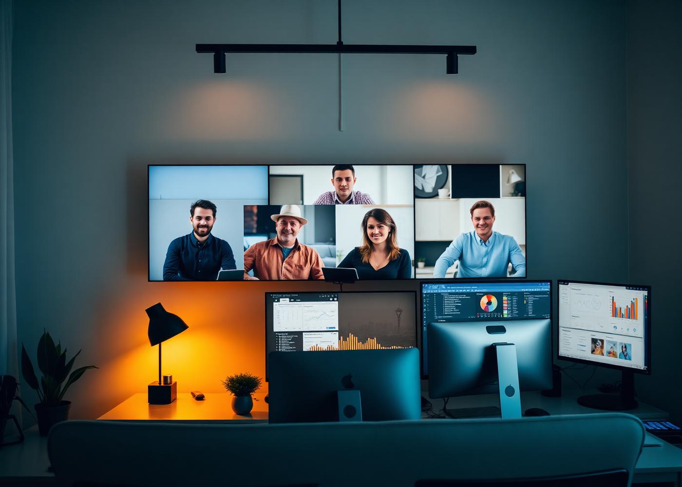 Remote team on a video call reviewing analytics dashboards